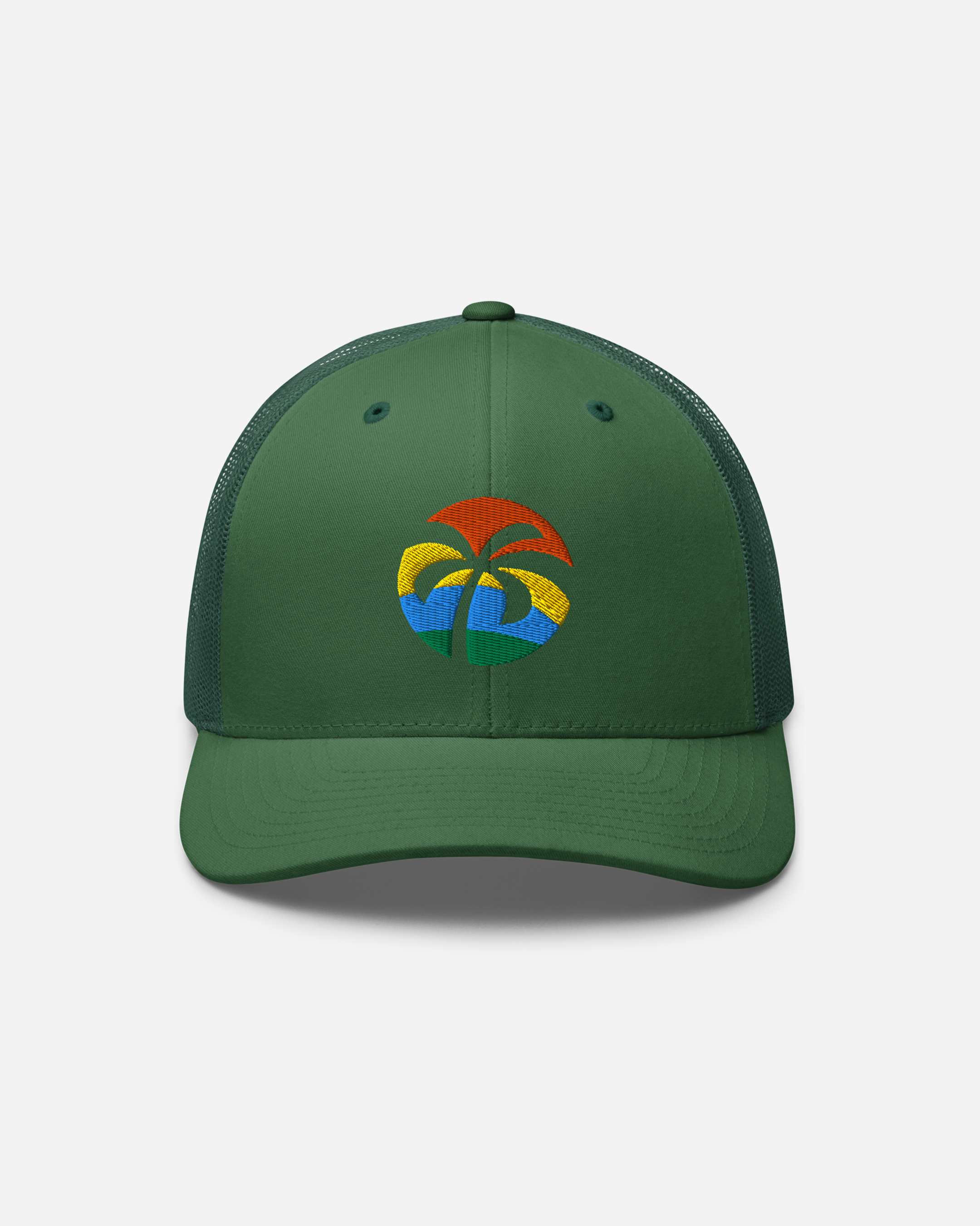 Tropical Escape Unisex Trucker Hat – Evergreen Flat Embroidery Summer Edition