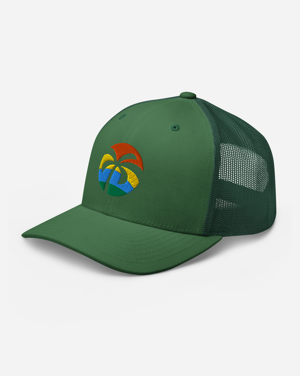 Tropical Escape Unisex Trucker Hat – Evergreen Flat Embroidery Summer Edition