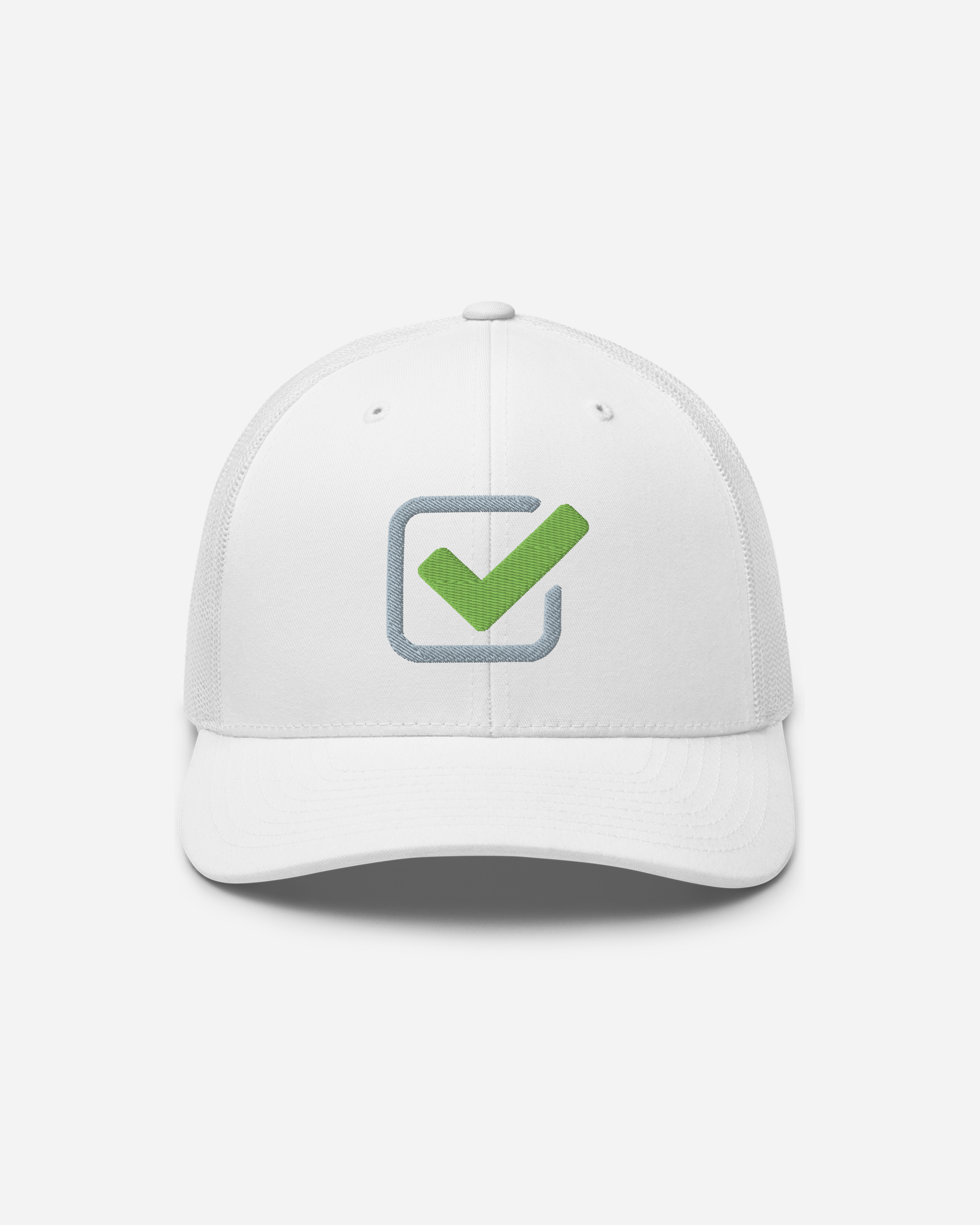 Checkmark Confidence Unisex Trucker Hat – White 3D Puff Embroidery Edition