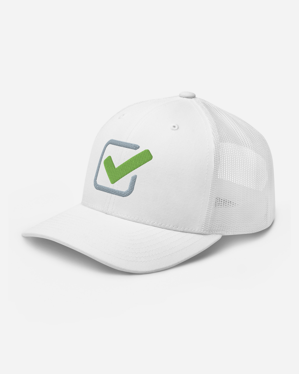 Checkmark Confidence Unisex Trucker Hat – White 3D Puff Embroidery Edition