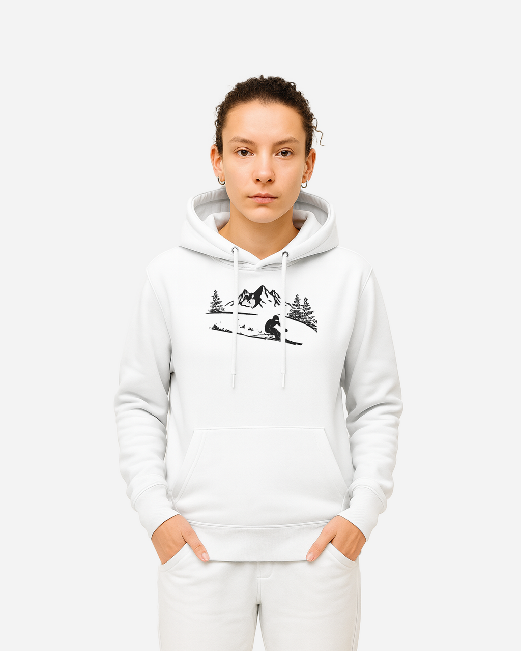 Mountain Skier Unisex Hoodie – Flat Embroidery Outdoor Adventure Edition White