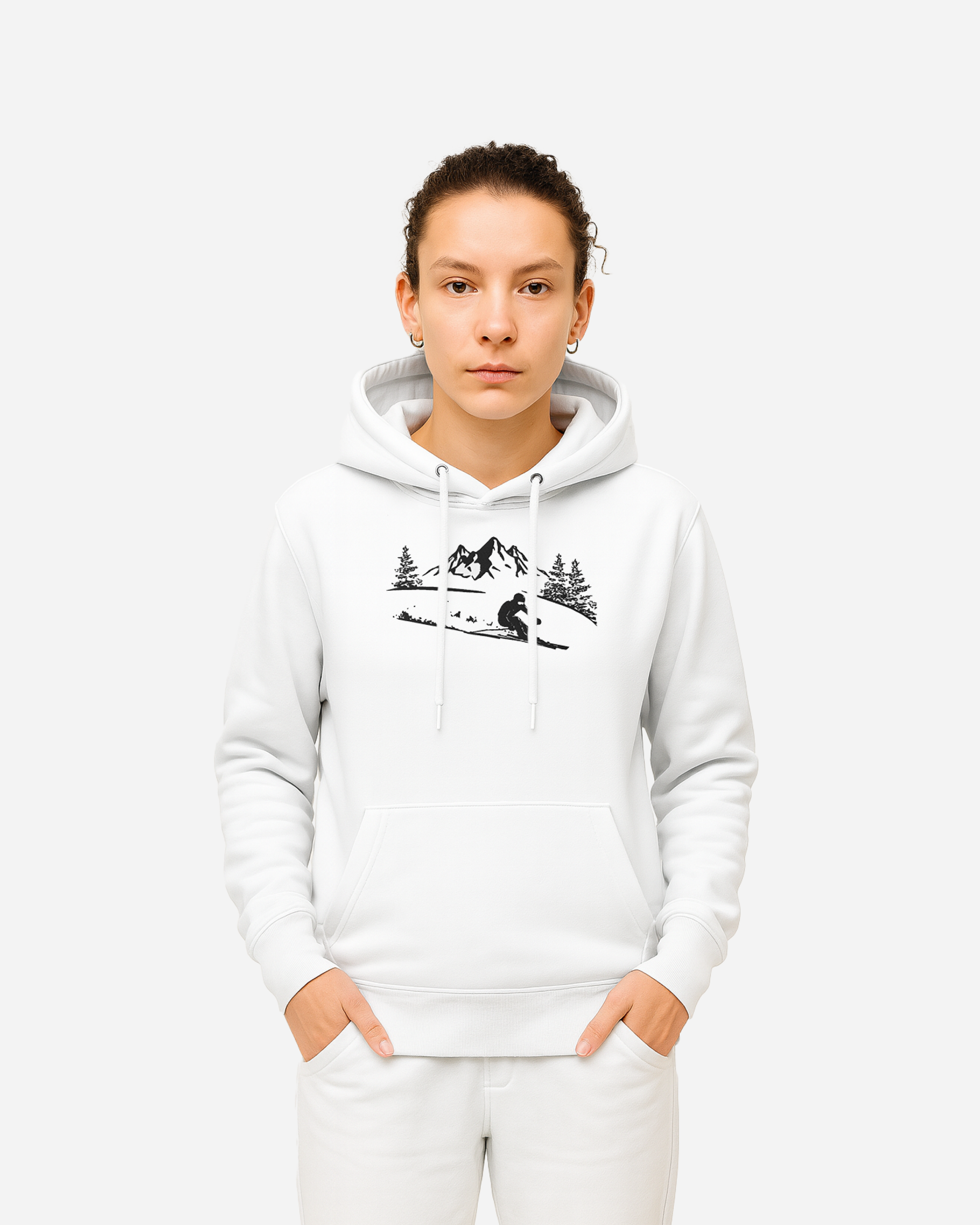 Mountain Skier Unisex Hoodie – Flat Embroidery Outdoor Adventure Edition White
