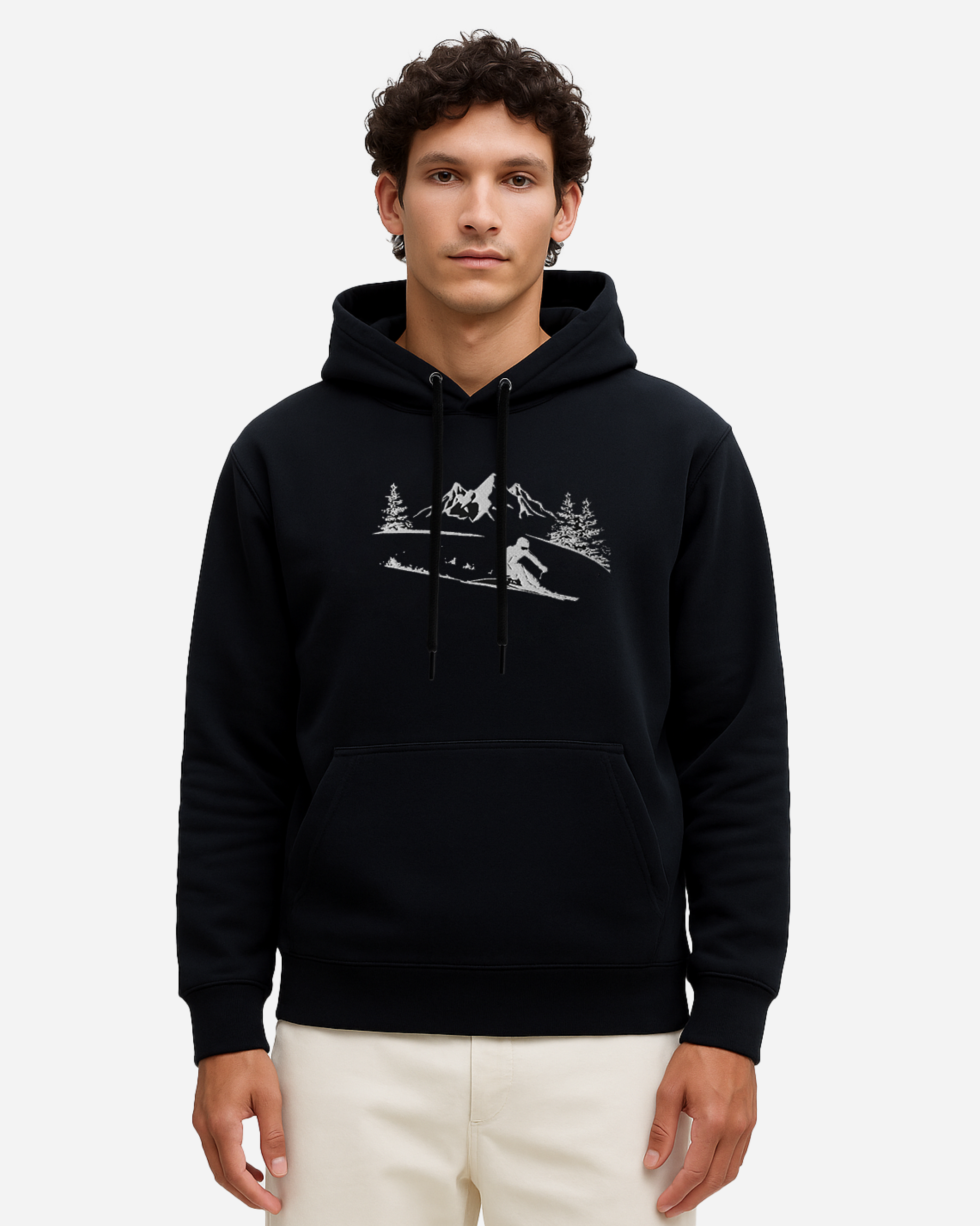 Mountain Skier Unisex Hoodie – Flat Embroidery Outdoor Adventure Edition Black