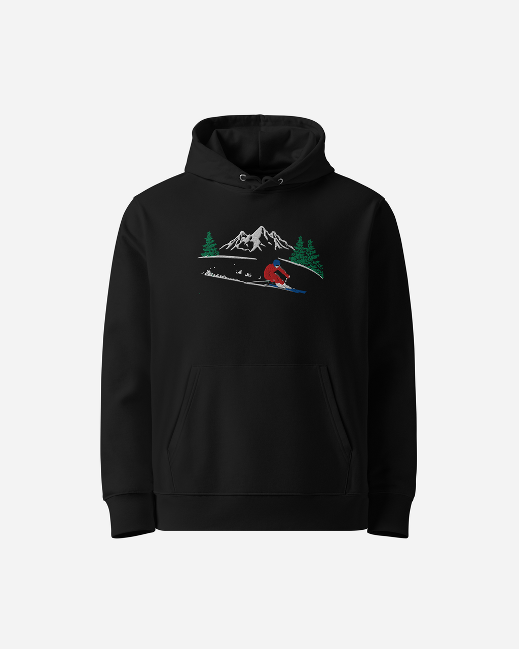 Mountain Skier Unisex Hoodie – Flat Embroidery Outdoor Adventure Edition Black (c)