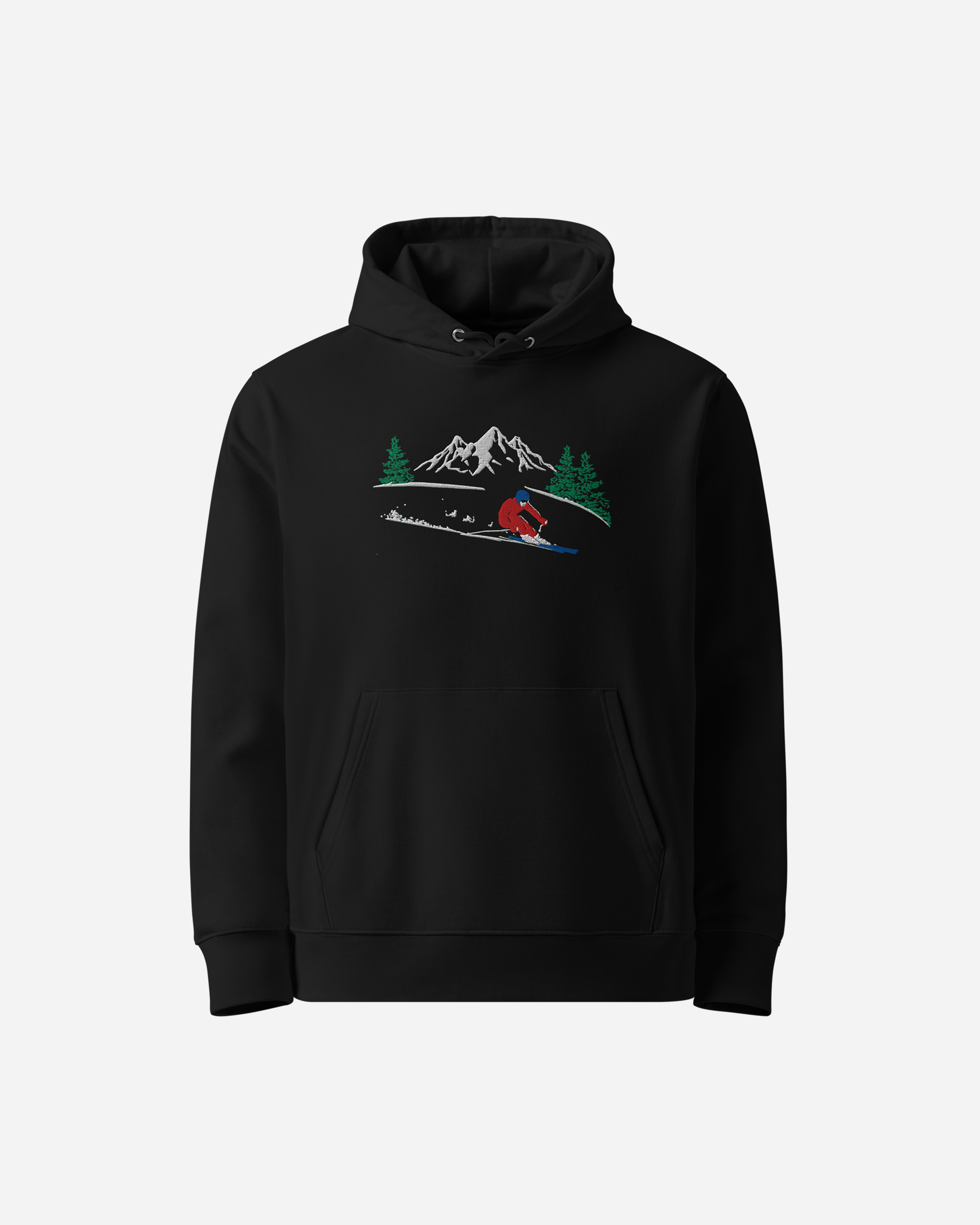 Mountain Skier Unisex Hoodie – Flat Embroidery Outdoor Adventure Edition Black (c)