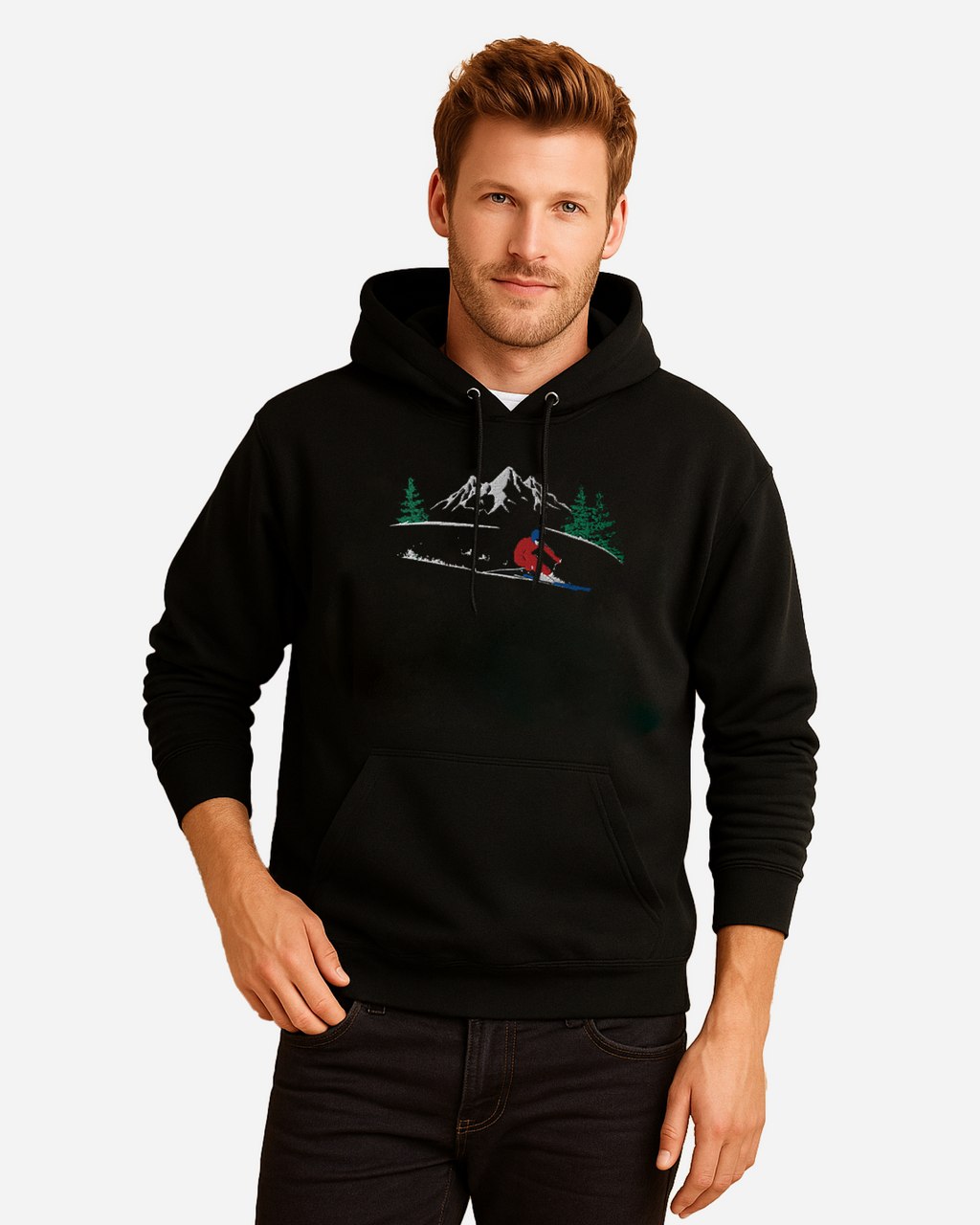 Mountain Skier Unisex Hoodie – Flat Embroidery Outdoor Adventure Edition Black (c)