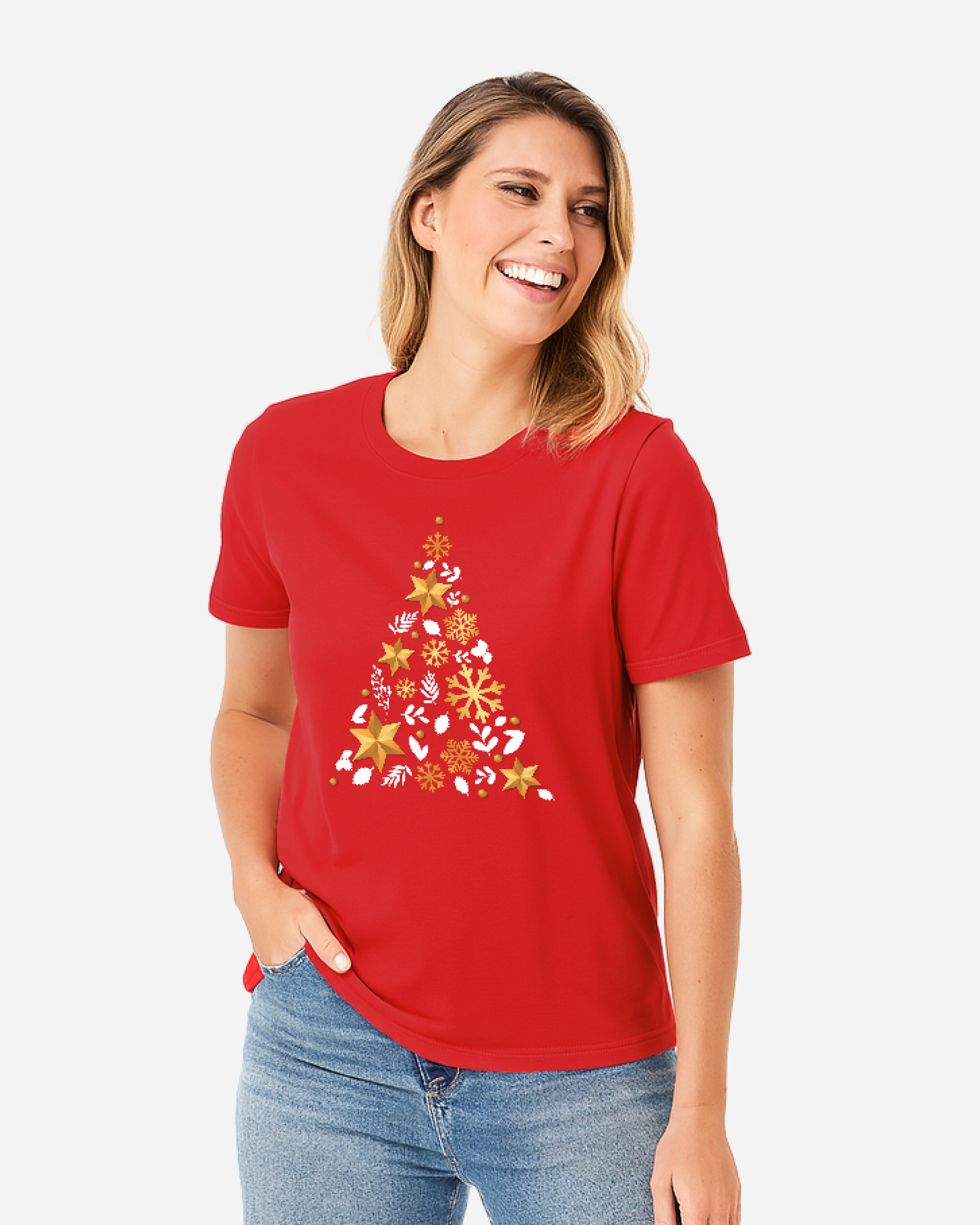 Festive Christmas Tree Unisex T-Shirt – Red DTF Printed Holiday Edition