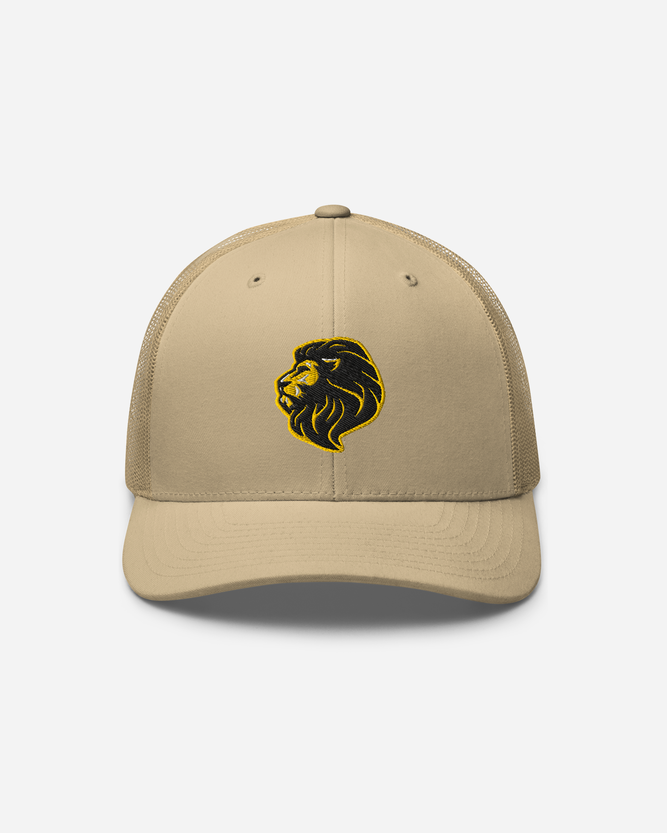 Regal Lion Unisex Trucker Hat – Khaki Flat Embroidery Animal Art Edition