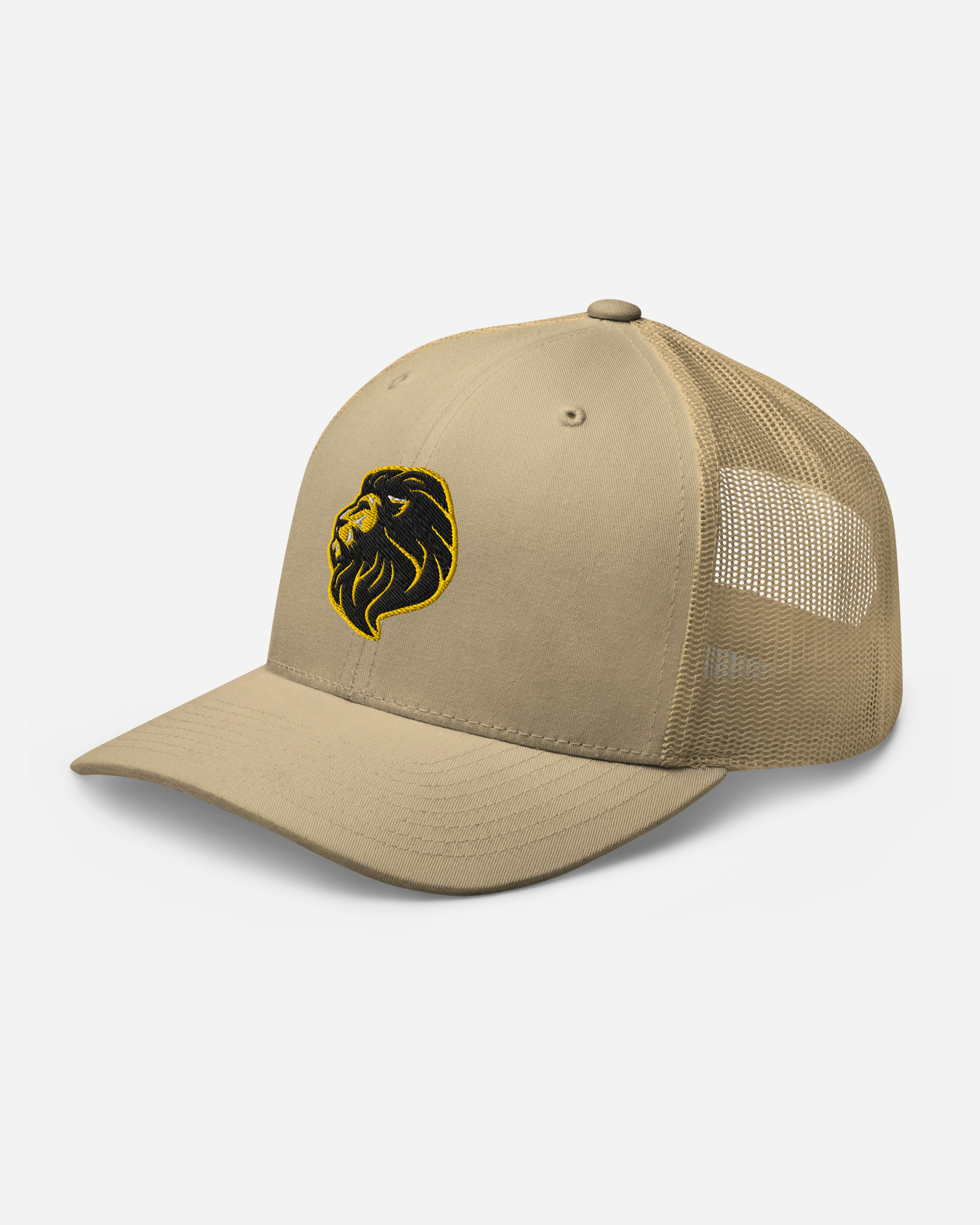 Regal Lion Unisex Trucker Hat – Khaki Flat Embroidery Animal Art Edition