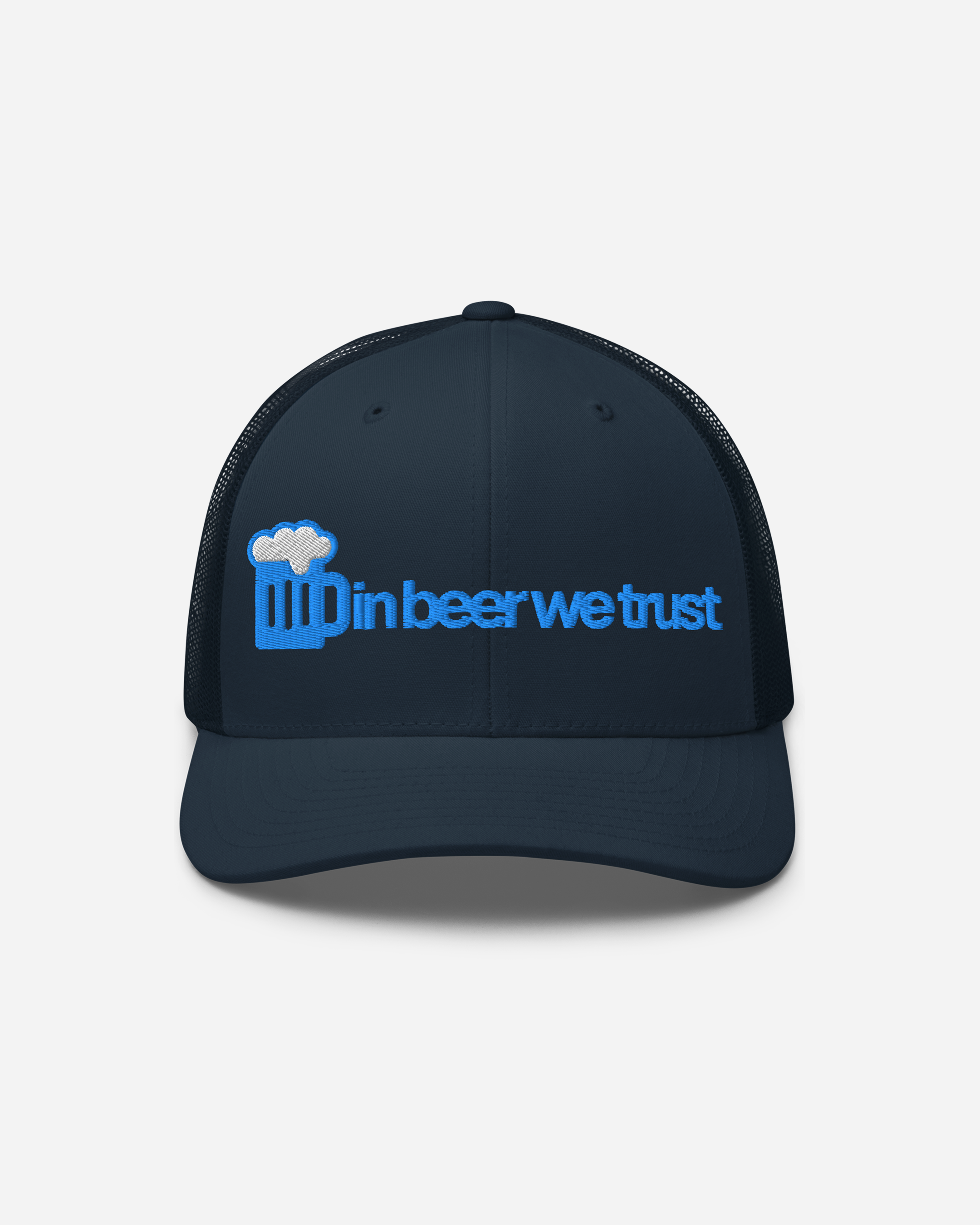 “In Beer We Trust” Navy Trucker Cap – Unisex Flat Embroidery Mesh Snapback Hat