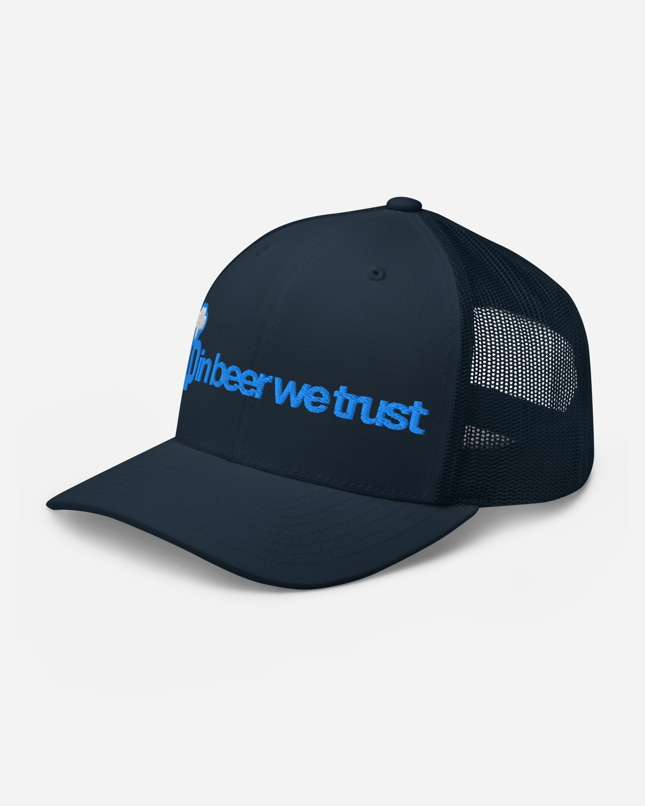 “In Beer We Trust” Navy Trucker Cap – Unisex Flat Embroidery Mesh Snapback Hat