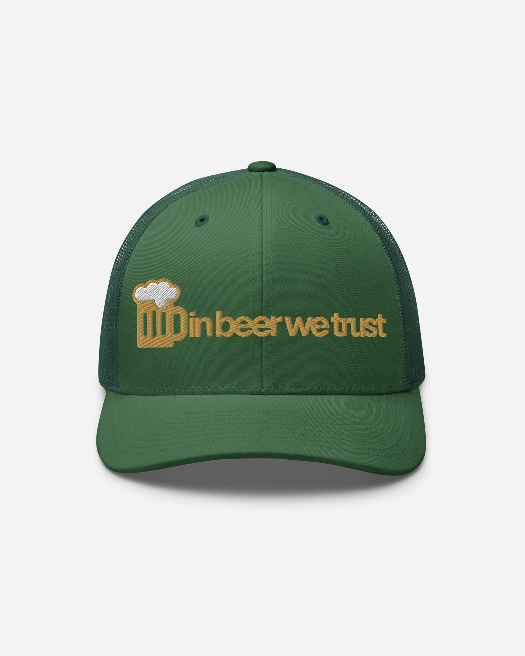 “In Beer We Trust” Evergreen Trucker Cap – Unisex Flat Embroidery Mesh Snapback Hat