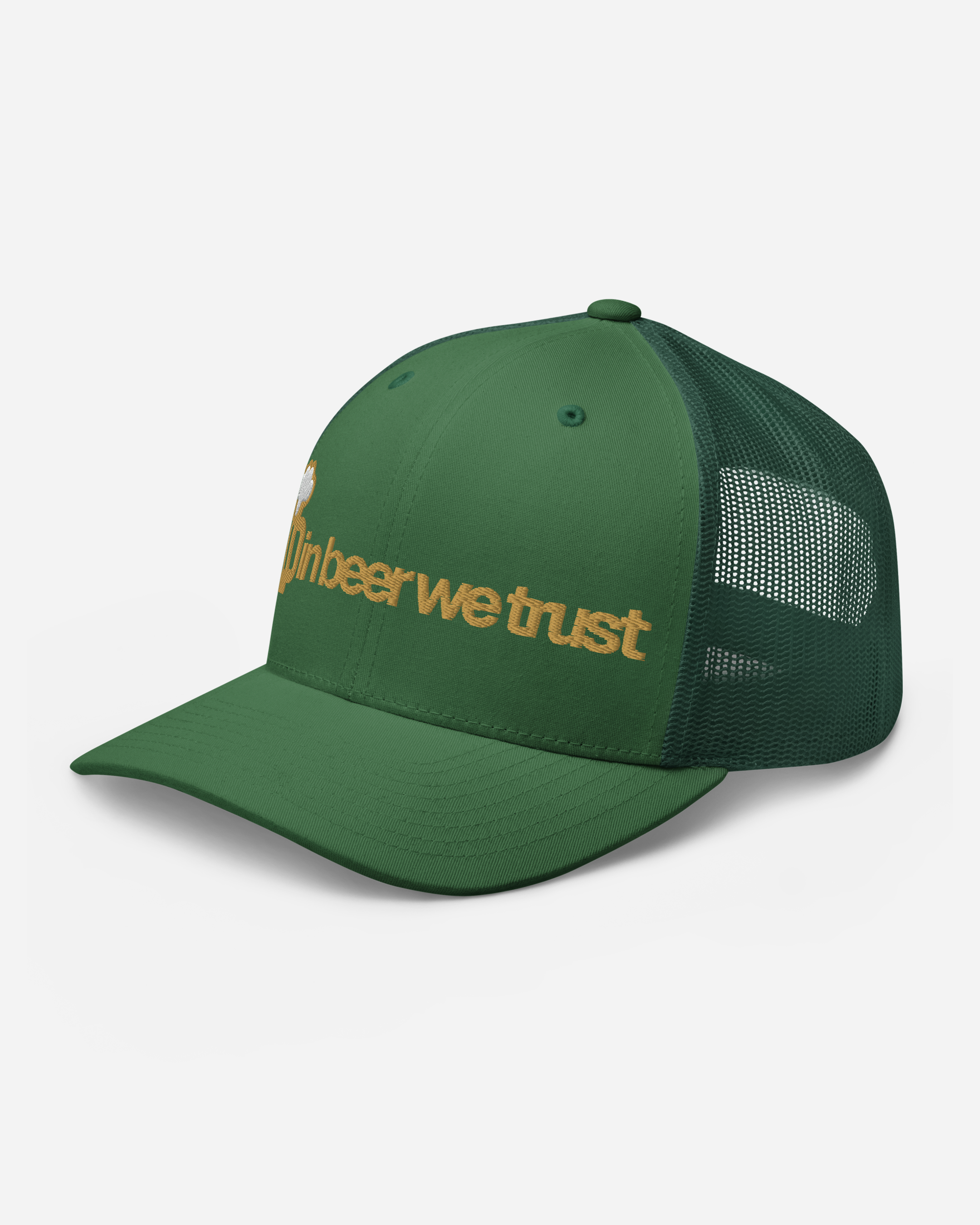 “In Beer We Trust” Evergreen Trucker Cap – Unisex Flat Embroidery Mesh Snapback Hat