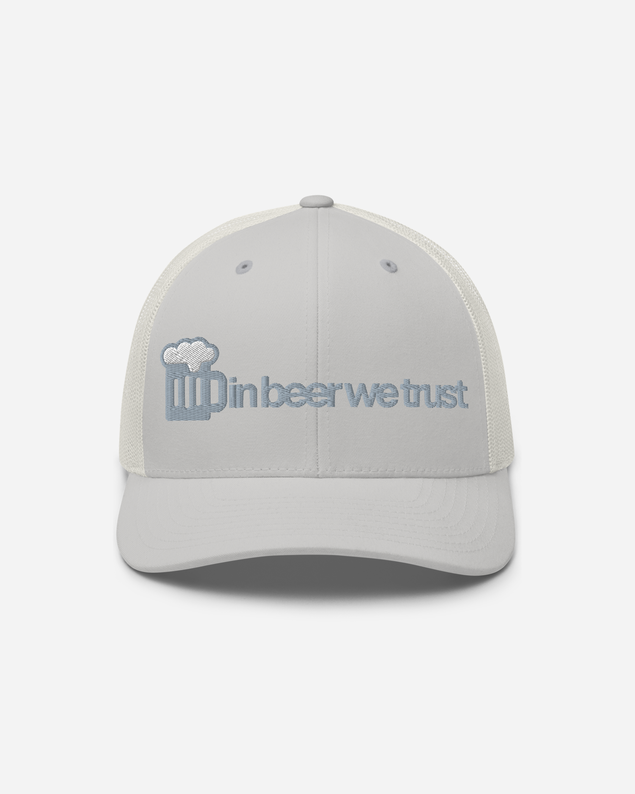 “In Beer We Trust” Silvet Trucker Cap – Unisex Flat Embroidery Mesh Snapback Hatker Cap