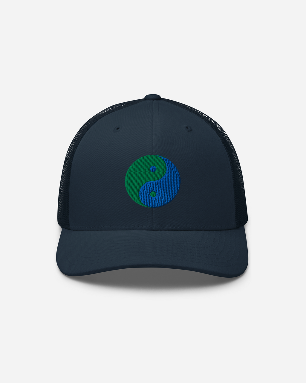 Unisex Yin Yang Embroidered Trucker Cap – Aura-Soma Inspired Blue & Green Energy Hat (Silver, White, Navy)