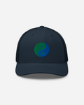 Unisex Yin Yang Embroidered Trucker Cap – Aura-Soma Inspired Blue & Green Energy Hat (Silver, White, Navy)
