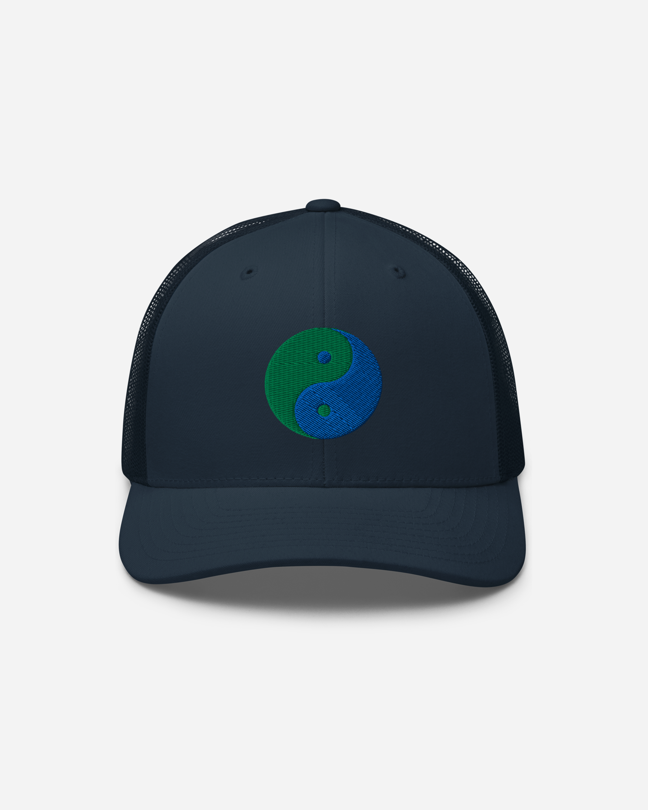 Unisex Yin Yang Embroidered Trucker Cap – Aura-Soma Inspired Blue & Green Energy Hat (Silver, White, Navy)