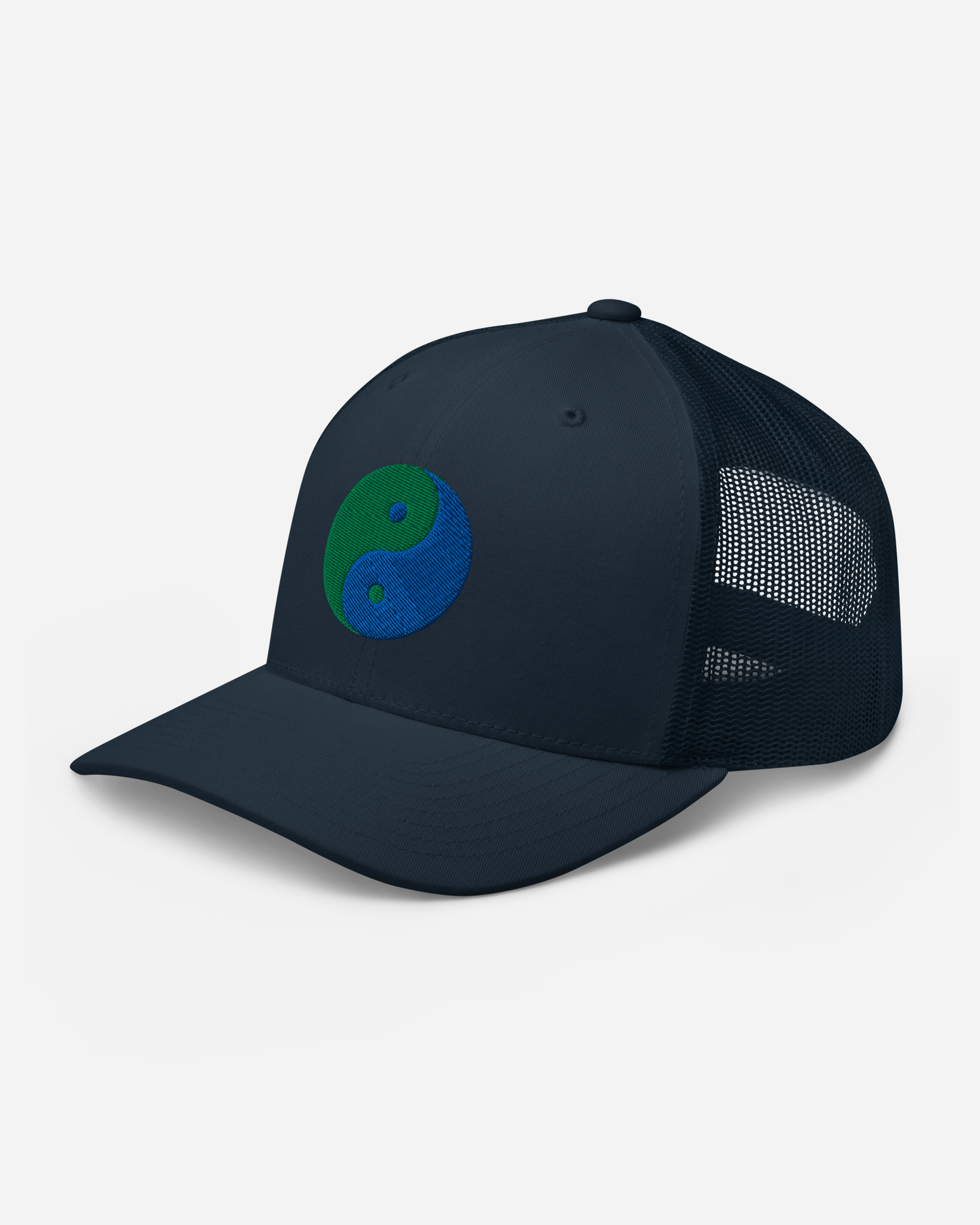 Unisex Yin Yang Embroidered Trucker Cap – Aura-Soma Inspired Blue & Green Energy Hat (Silver, White, Navy)