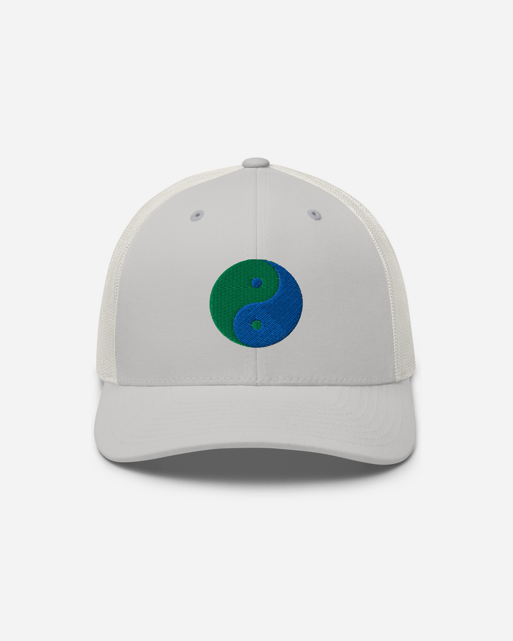 Unisex Yin Yang Embroidered Trucker Cap – Aura-Soma Inspired Blue & Green Energy Hat (Silver, White, Navy)