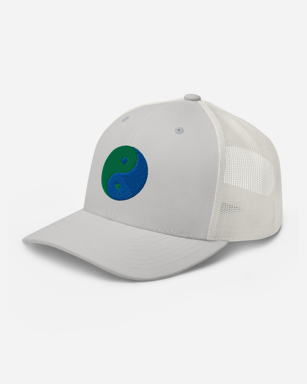 Unisex Yin Yang Embroidered Trucker Cap – Aura-Soma Inspired Blue & Green Energy Hat (Silver, White, Navy)