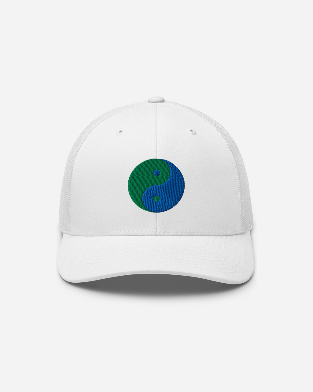 Unisex Yin Yang Embroidered Trucker Cap – Aura-Soma Inspired Blue & Green Energy Hat (Silver, White, Navy)