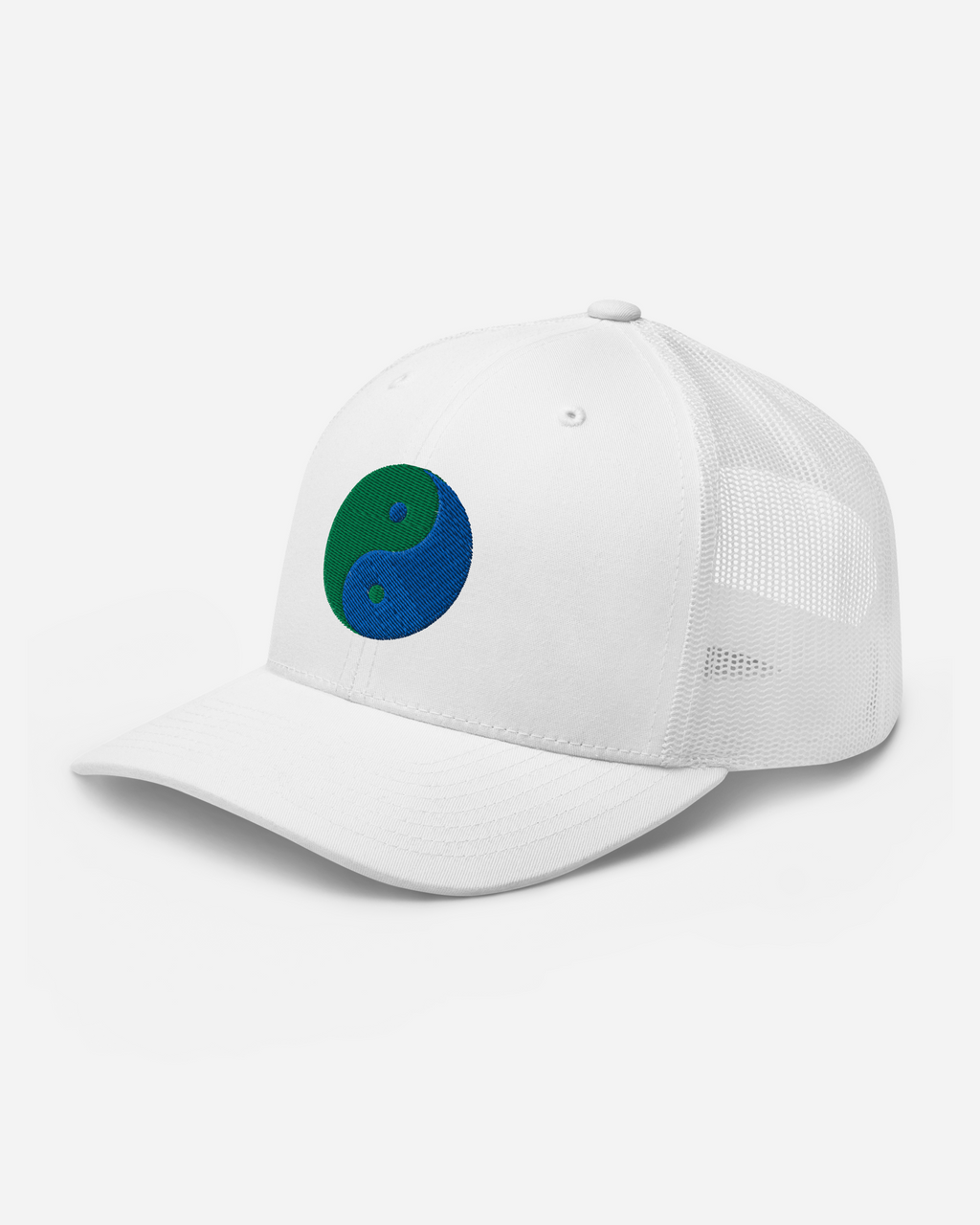 Unisex Yin Yang Embroidered Trucker Cap – Aura-Soma Inspired Blue & Green Energy Hat (Silver, White, Navy)