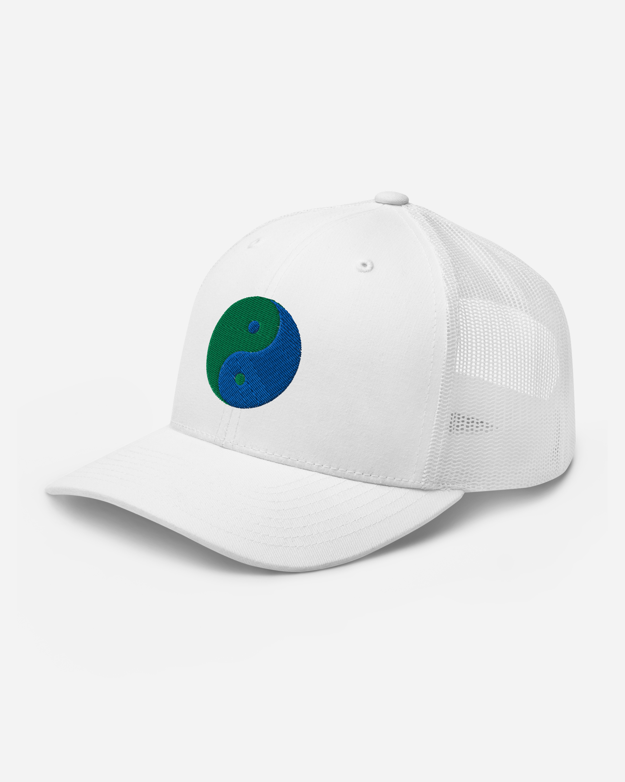 Unisex Yin Yang Embroidered Trucker Cap – Aura-Soma Inspired Blue & Green Energy Hat (Silver, White, Navy)