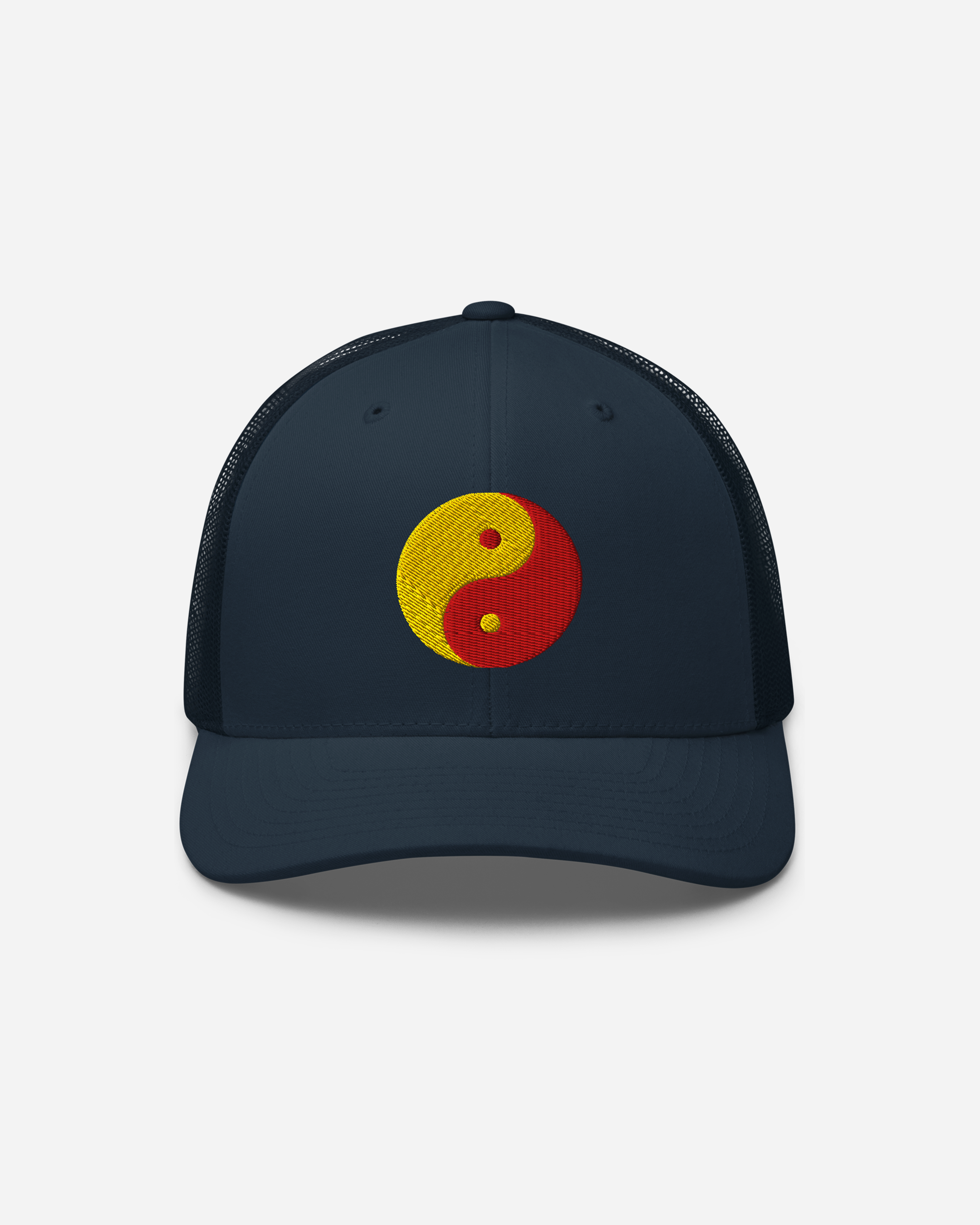 Aura-Soma Red & Yellow Yin Yang Embroidered Trucker Cap – Unisex Spiritual Energy Hat (Silver, White, Navy)