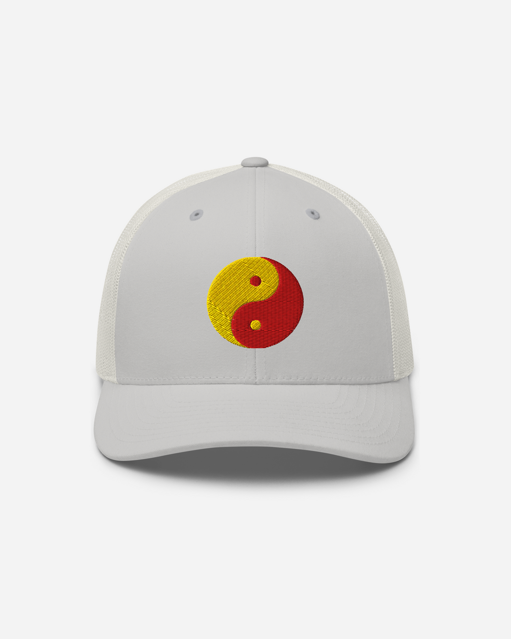 Aura-Soma Red & Yellow Yin Yang Embroidered Trucker Cap – Unisex Spiritual Energy Hat (Silver, White, Navy)
