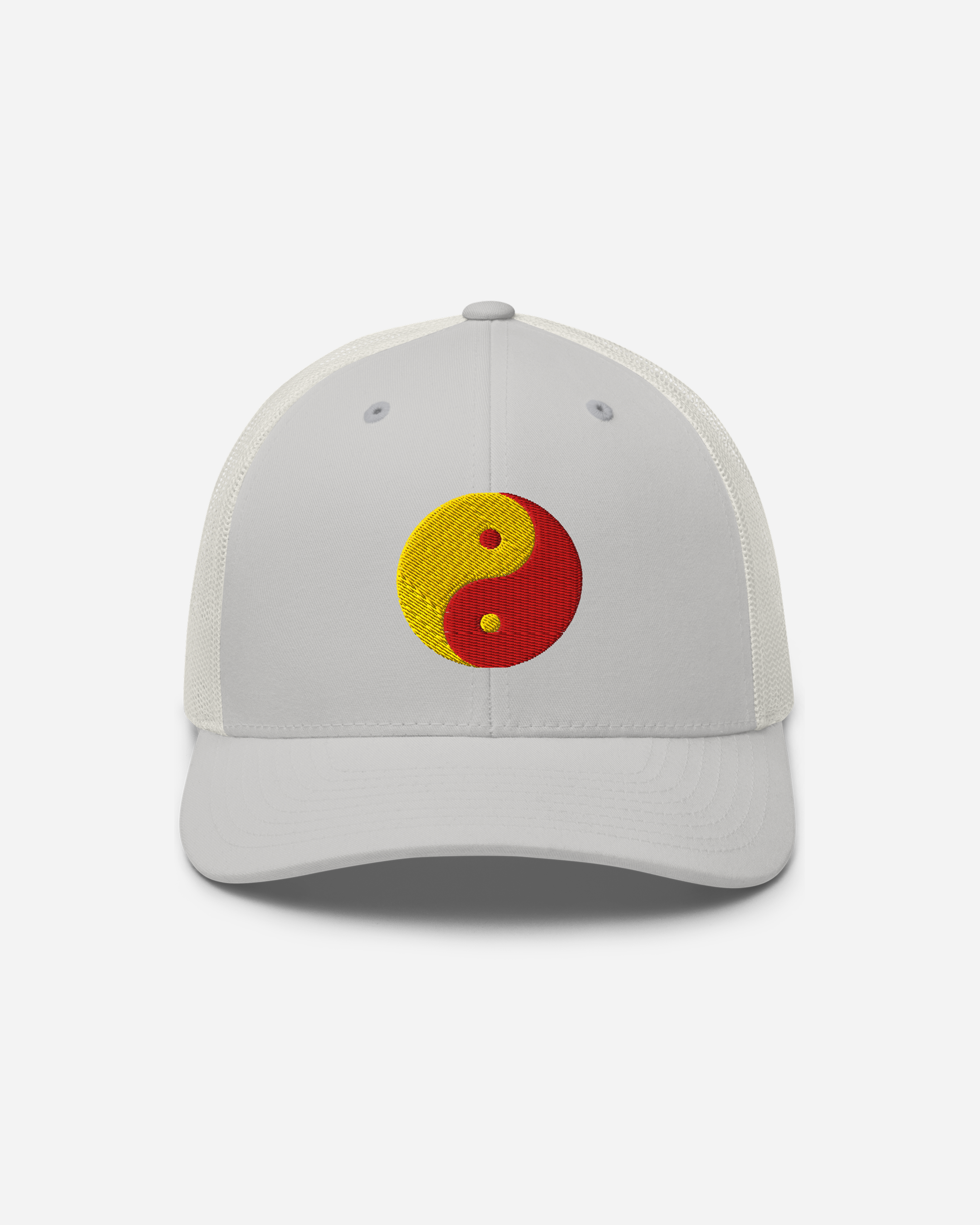 Aura-Soma Red & Yellow Yin Yang Embroidered Trucker Cap – Unisex Spiritual Energy Hat (Silver, White, Navy)