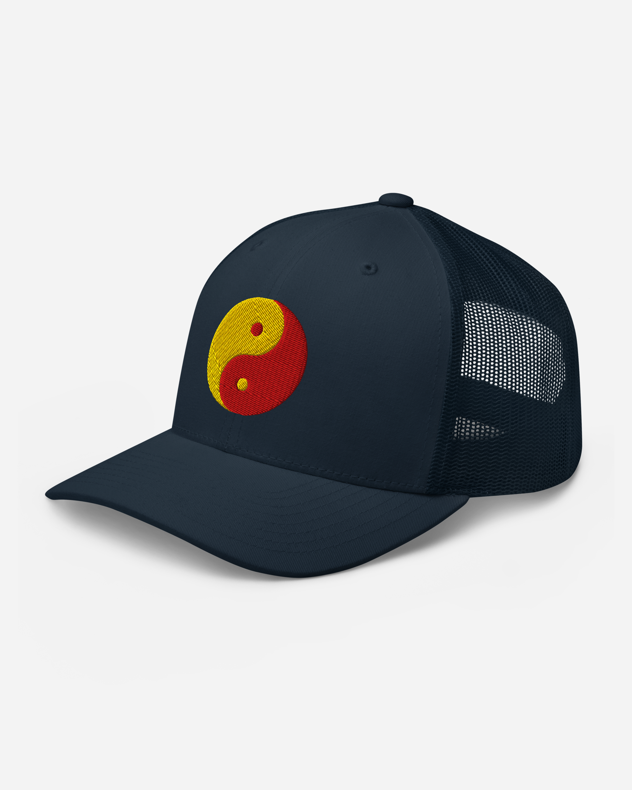 Aura-Soma Red & Yellow Yin Yang Embroidered Trucker Cap – Unisex Spiritual Energy Hat (Silver, White, Navy)