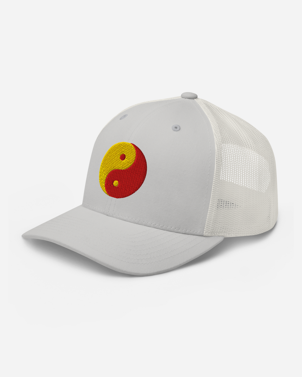 Aura-Soma Red & Yellow Yin Yang Embroidered Trucker Cap – Unisex Spiritual Energy Hat (Silver, White, Navy)
