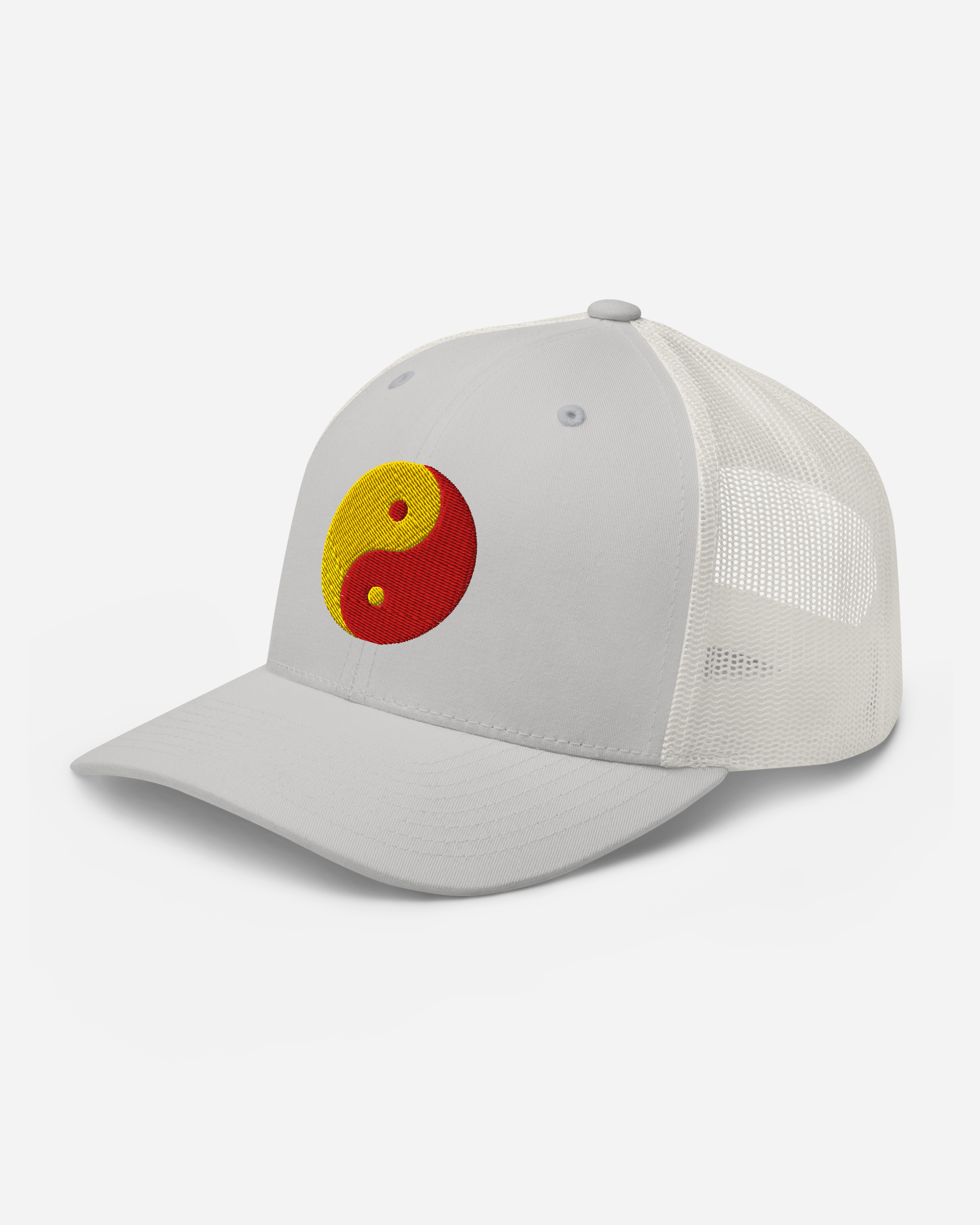 Aura-Soma Red & Yellow Yin Yang Embroidered Trucker Cap – Unisex Spiritual Energy Hat (Silver, White, Navy)