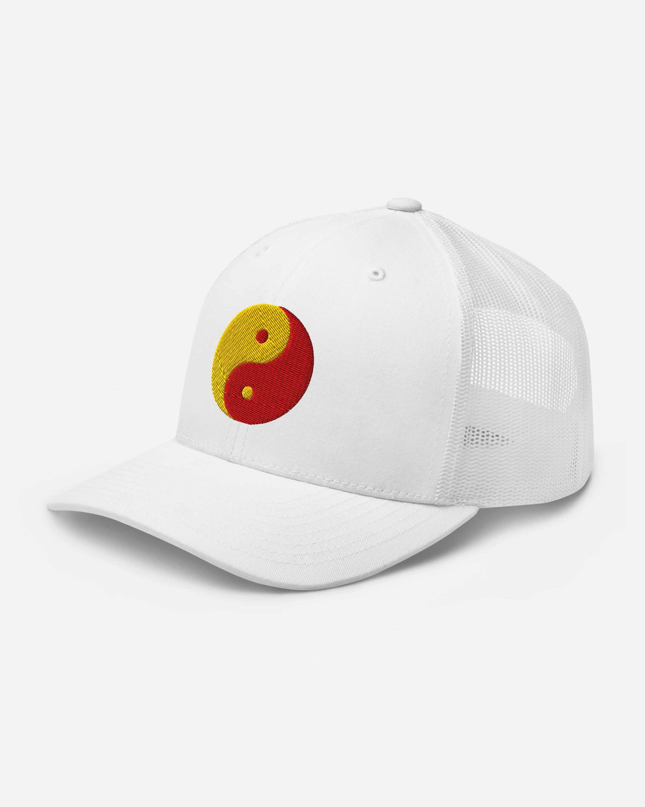 Aura-Soma Red & Yellow Yin Yang Embroidered Trucker Cap – Unisex Spiritual Energy Hat (Silver, White, Navy)