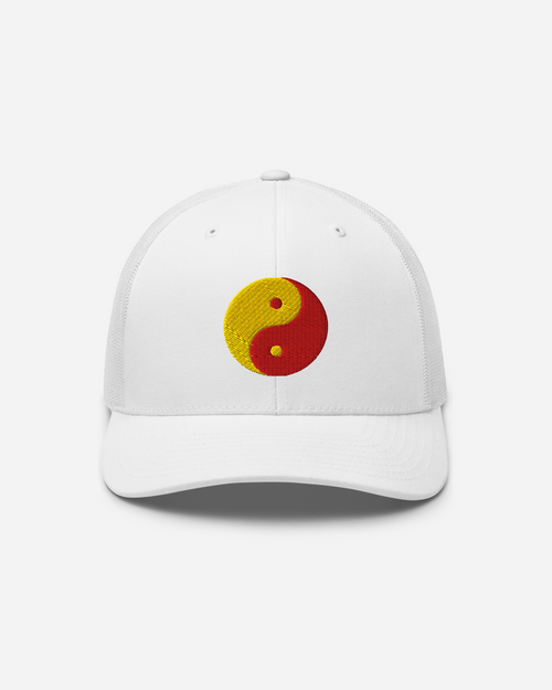 Aura-Soma Red & Yellow Yin Yang Embroidered Trucker Cap – Unisex Spiritual Energy Hat (Silver, White, Navy)