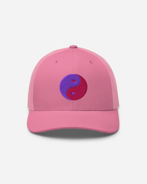 Aura Balance Yin Yang Trucker Cap – Silver, White & Pink Unisex Hat with Flat Embroidery | Aurasoma Inspired Streetwear