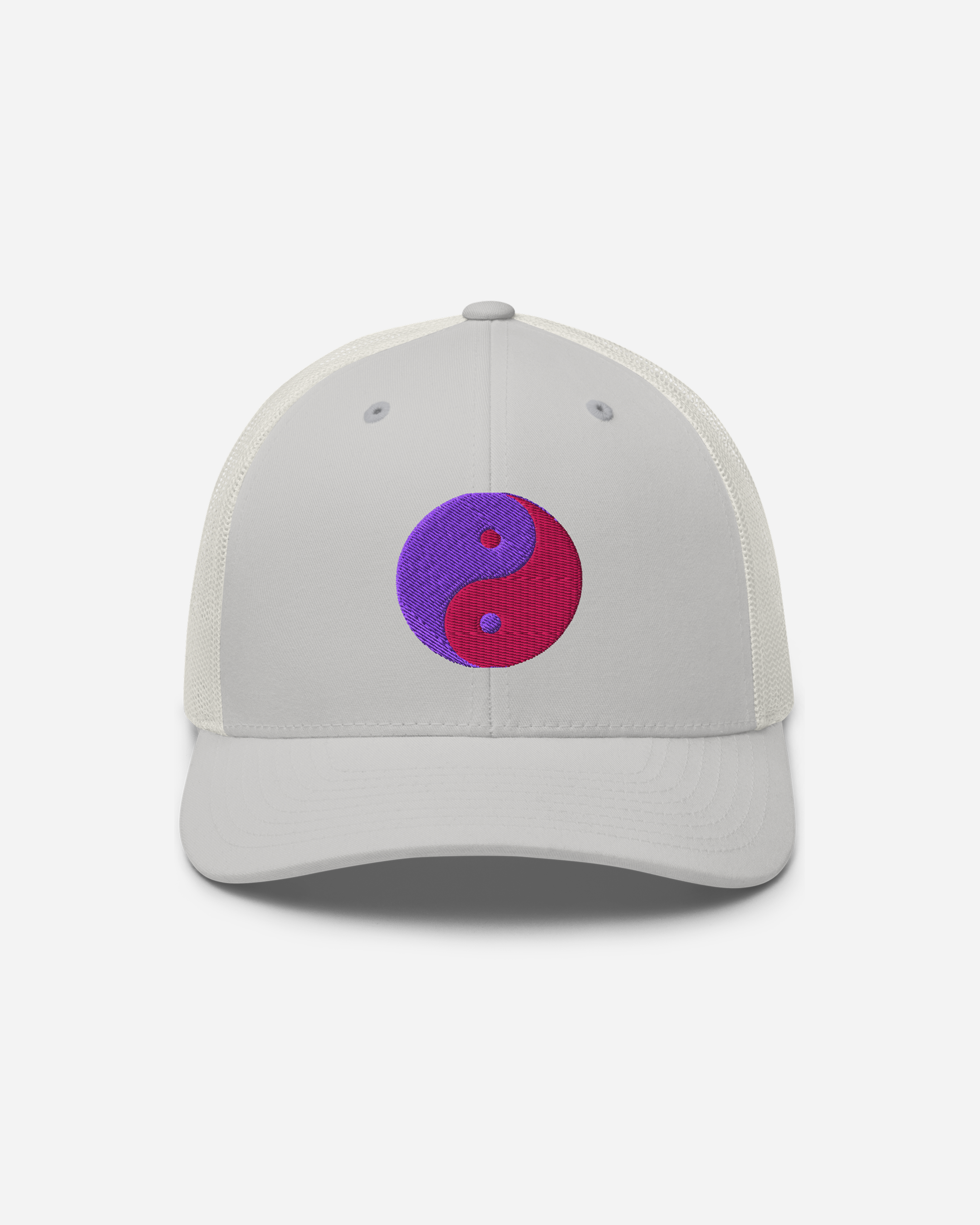Aura Balance Yin Yang Trucker Cap – Silver, White & Pink Unisex Hat with Flat Embroidery | Aurasoma Inspired Streetwear