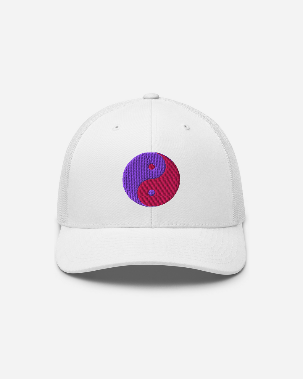 Aura Balance Yin Yang Trucker Cap – Silver, White & Pink Unisex Hat with Flat Embroidery | Aurasoma Inspired Streetwear