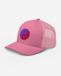 Aura Balance Yin Yang Trucker Cap – Silver, White & Pink Unisex Hat with Flat Embroidery | Aurasoma Inspired Streetwear