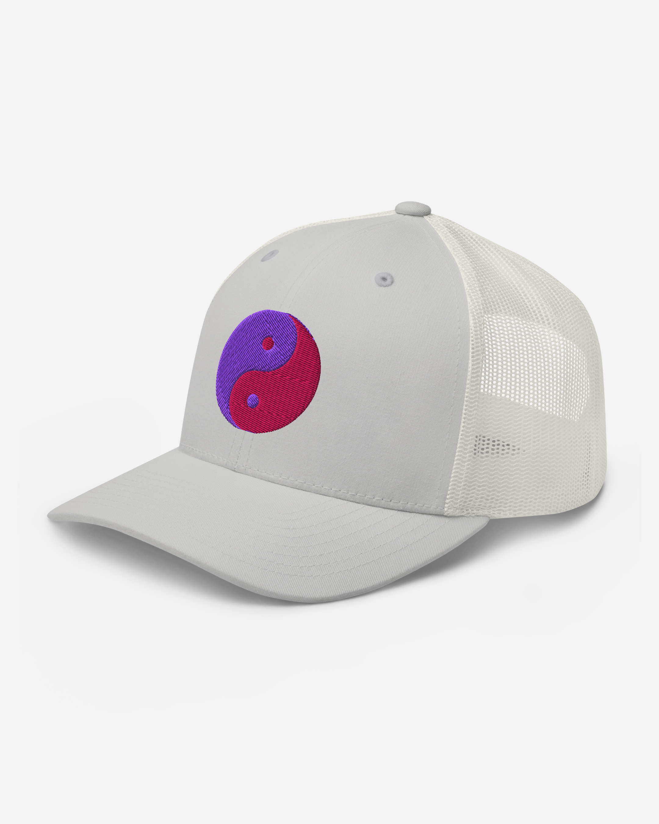 Aura Balance Yin Yang Trucker Cap – Silver, White & Pink Unisex Hat with Flat Embroidery | Aurasoma Inspired Streetwear