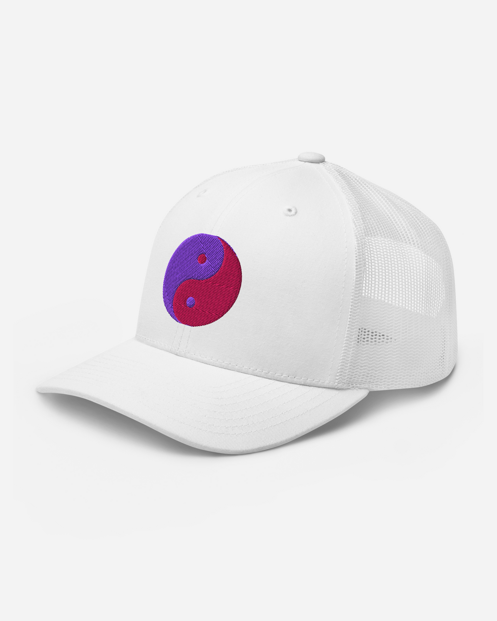 Aura Balance Yin Yang Trucker Cap – Silver, White & Pink Unisex Hat with Flat Embroidery | Aurasoma Inspired Streetwear