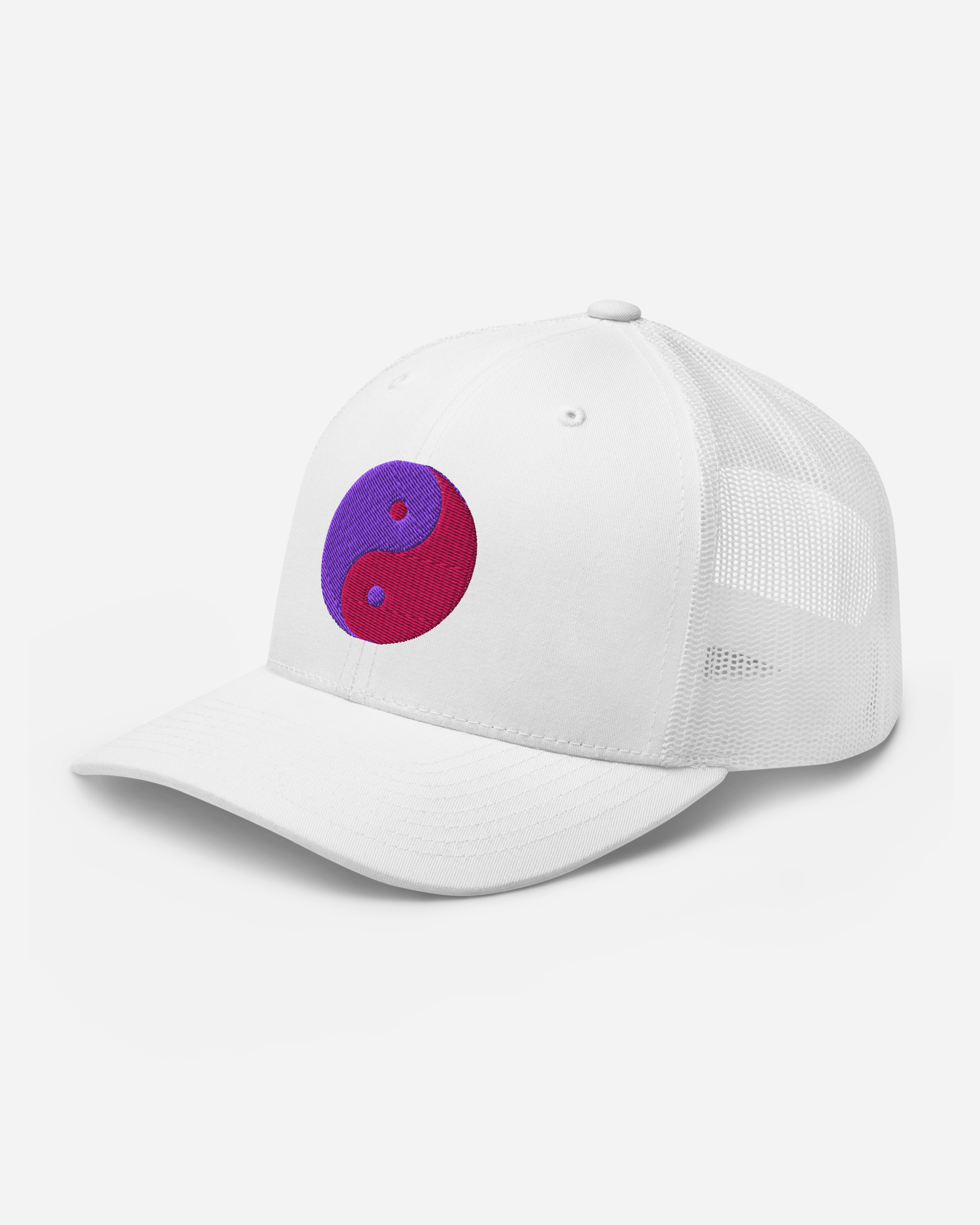 Aura Balance Yin Yang Trucker Cap – Silver, White & Pink Unisex Hat with Flat Embroidery | Aurasoma Inspired Streetwear