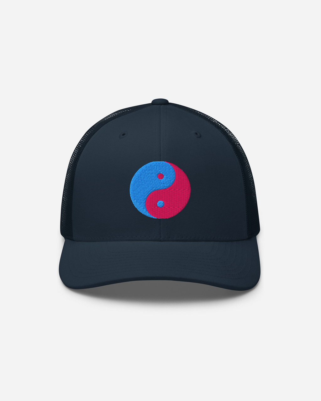 Aura Insight Yin Yang Trucker Cap – Silver, White & Navy Unisex Hat with Flat Embroidery | Aurasoma Inspired Streetwear