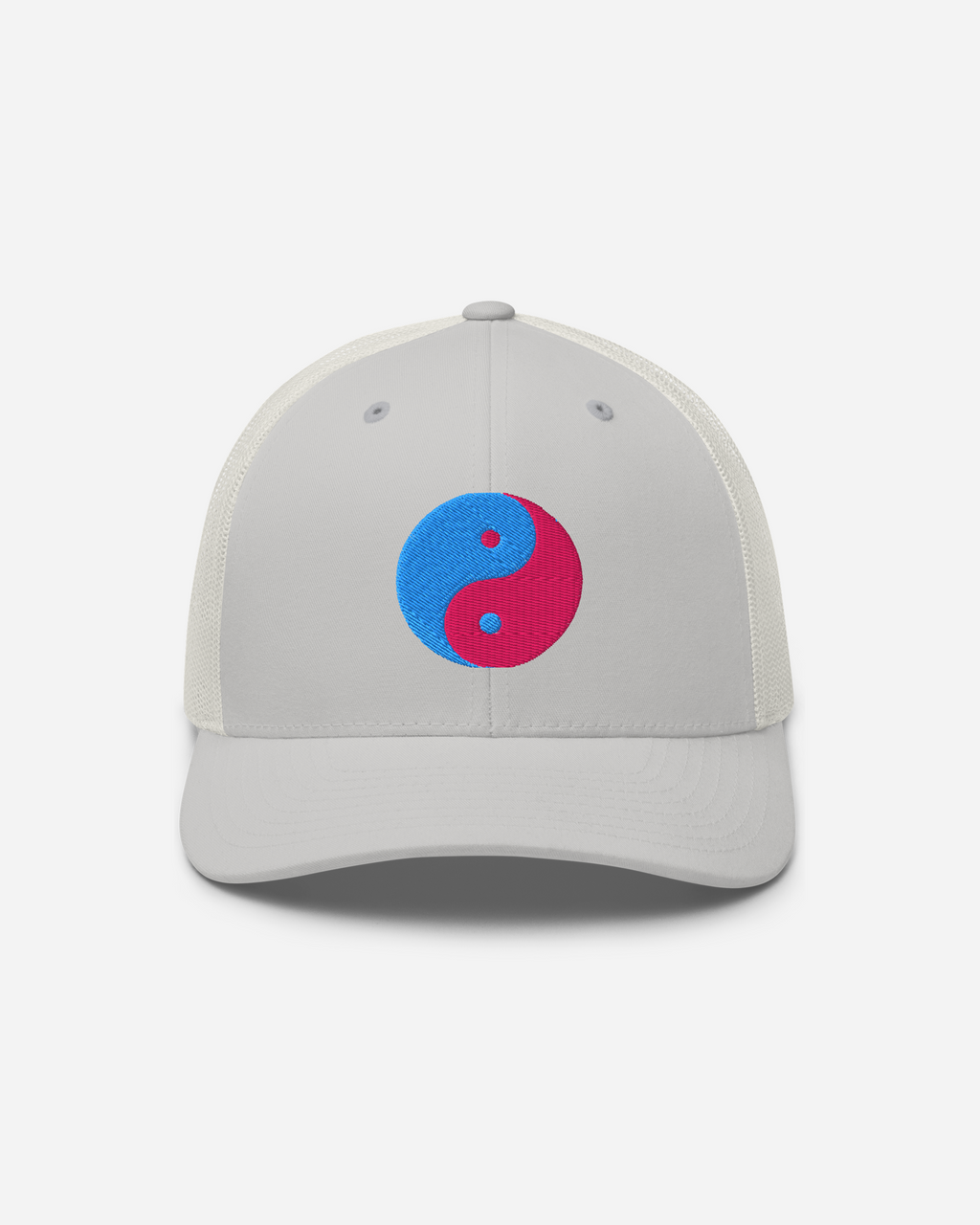 Aura Insight Yin Yang Trucker Cap – Silver, White & Navy Unisex Hat with Flat Embroidery | Aurasoma Inspired Streetwear