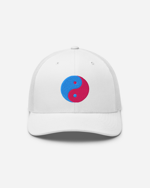 Aura Insight Yin Yang Trucker Cap – Silver, White & Navy Unisex Hat with Flat Embroidery | Aurasoma Inspired Streetwear