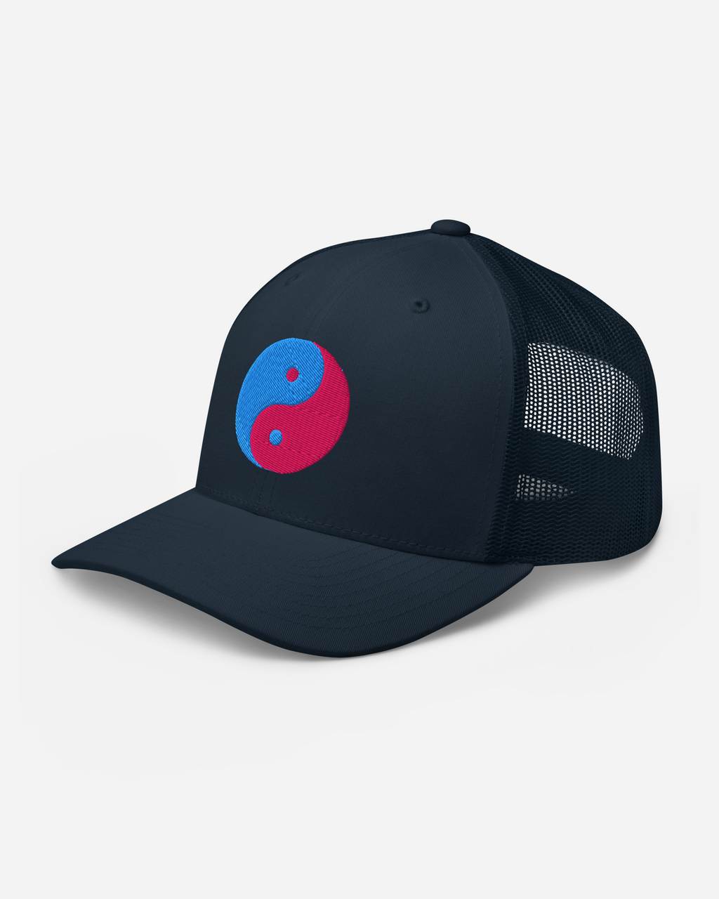 Aura Insight Yin Yang Trucker Cap – Silver, White & Navy Unisex Hat with Flat Embroidery | Aurasoma Inspired Streetwear