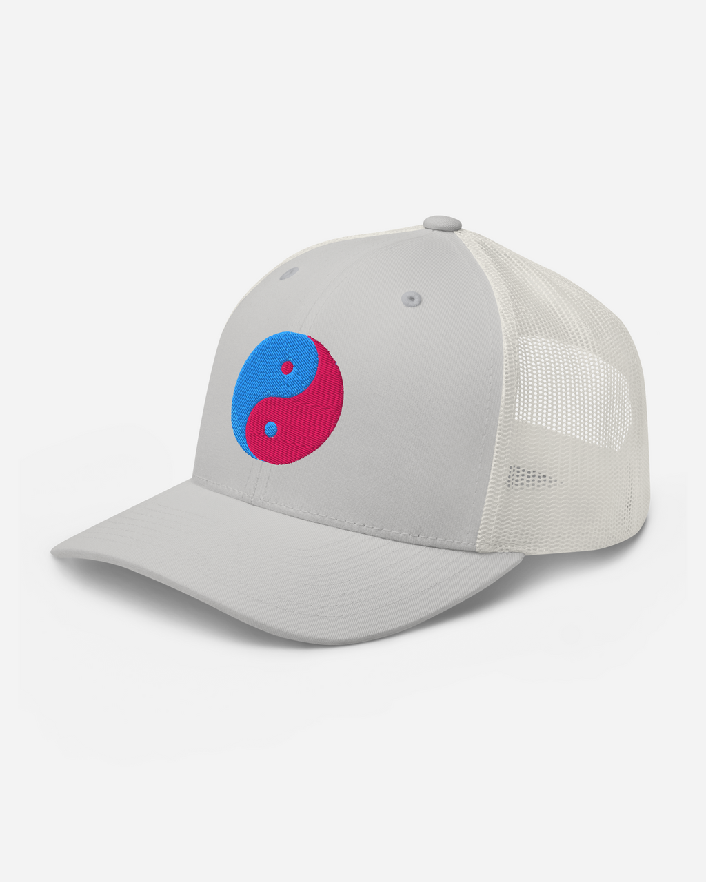 Aura Insight Yin Yang Trucker Cap – Silver, White & Navy Unisex Hat with Flat Embroidery | Aurasoma Inspired Streetwear