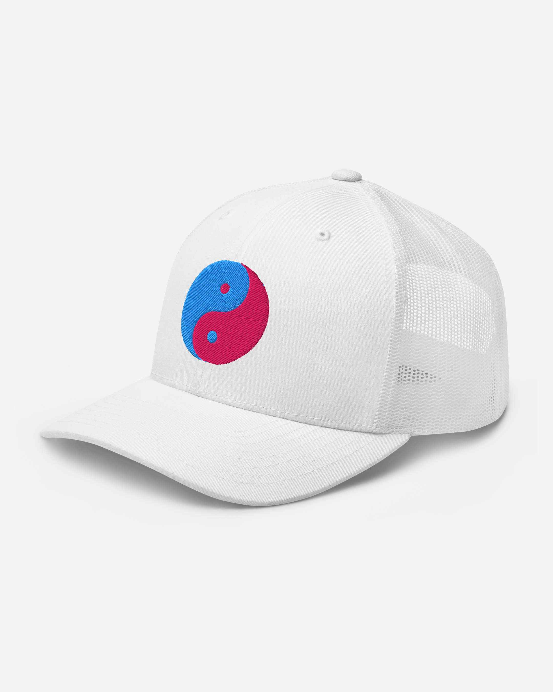 Aura Insight Yin Yang Trucker Cap – Silver, White & Navy Unisex Hat with Flat Embroidery | Aurasoma Inspired Streetwear