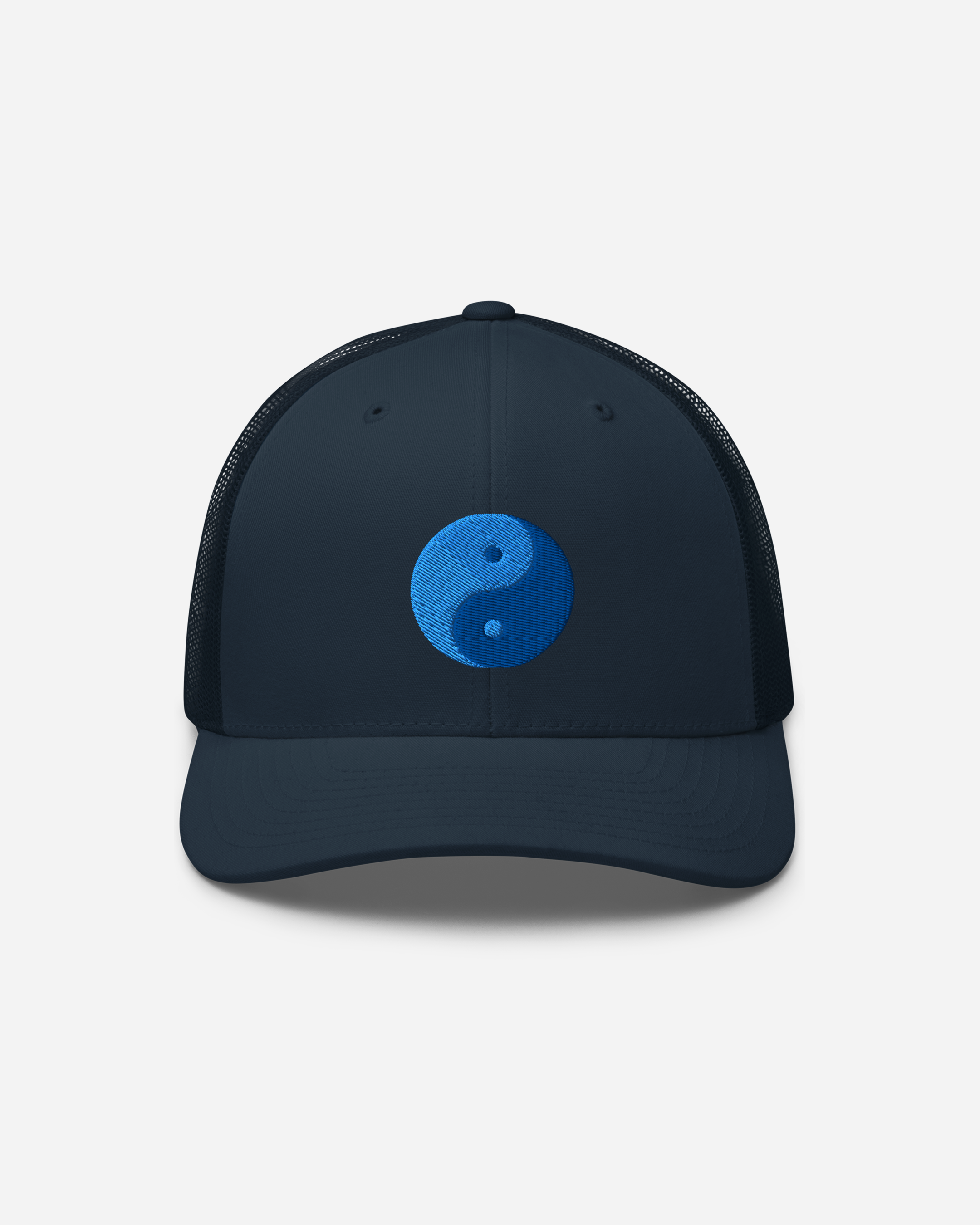 Aura Clarity Yin Yang Trucker Cap – Silver, White & Navy Unisex Hat with Blue Flat Embroidery | Aurasoma Inspired Streetwear