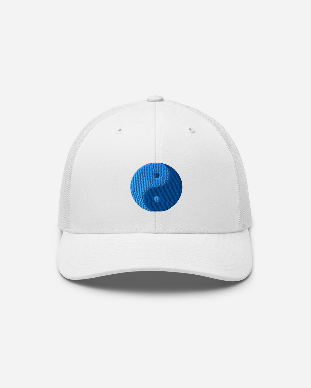 Aura Clarity Yin Yang Trucker Cap – Silver, White & Navy Unisex Hat with Blue Flat Embroidery | Aurasoma Inspired Streetwear